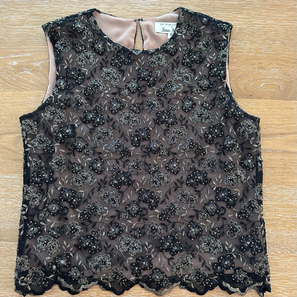Victor Costa for Neiman Marcus Black Sleeveless Embroidered Blouse size 8 - Picture 7 of 10